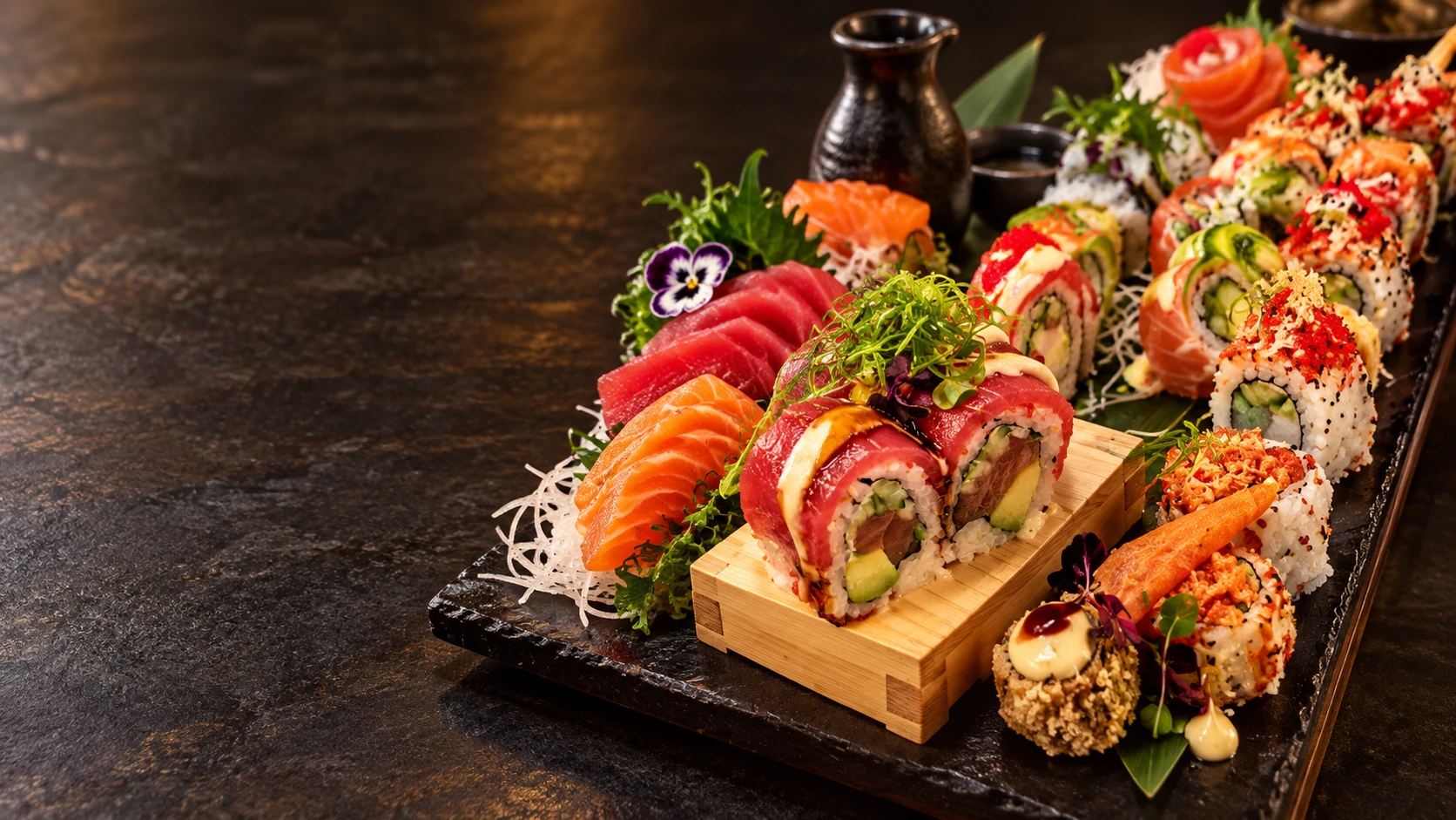 Sushi-Auswahl auf einer Holzbrücke und Schieferplatte