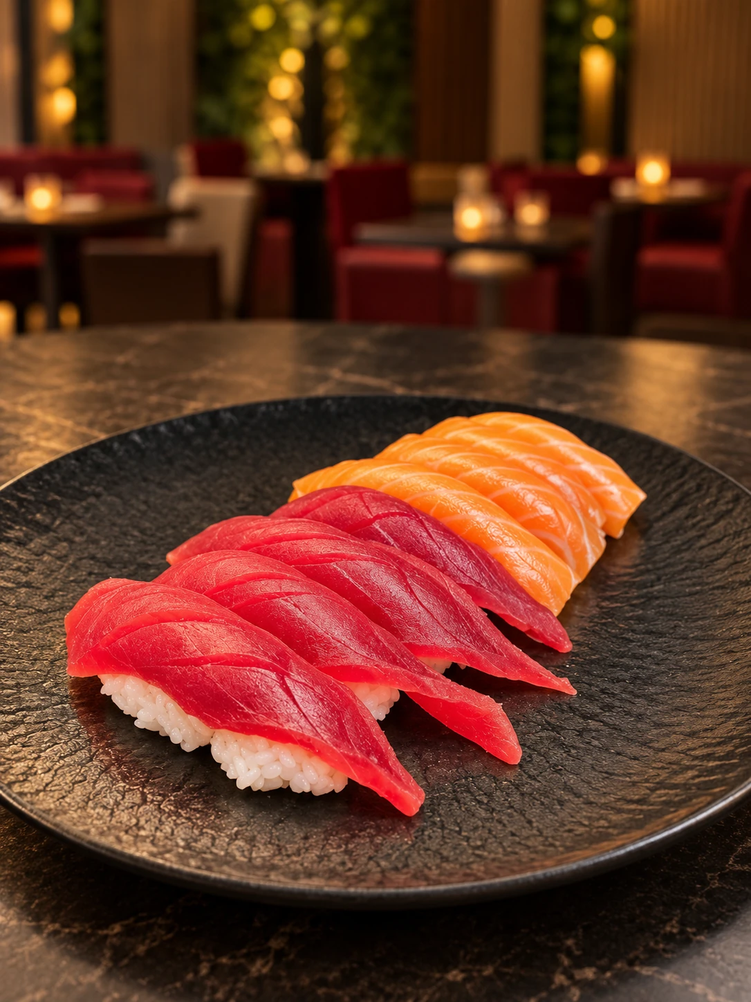 Lachs- und Thunfisch-Nigiri auf einer dunklen Platte